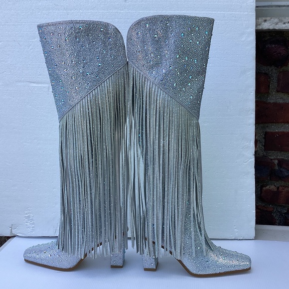 Rhinestone Embellished Sparkly Fringed Tall Boots 6 - Picture 4 of 7
